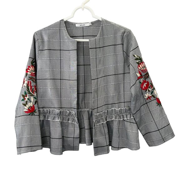 Mulaya Open Front Blazer Jacket M Black Plaid Peplum Embroidered Floral Sleeves - Picture 4 of 10